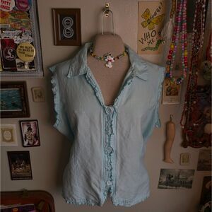 Y2K Ruffled Button Up Vest Women's 16 1X Pastel Blue Collared Sleeveless Shirt